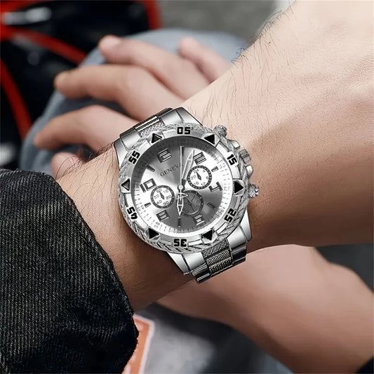 2PCS Men’s Business Quartz Watch Set – Fashion Arabic Dial Stainless Steel Band (No Box)