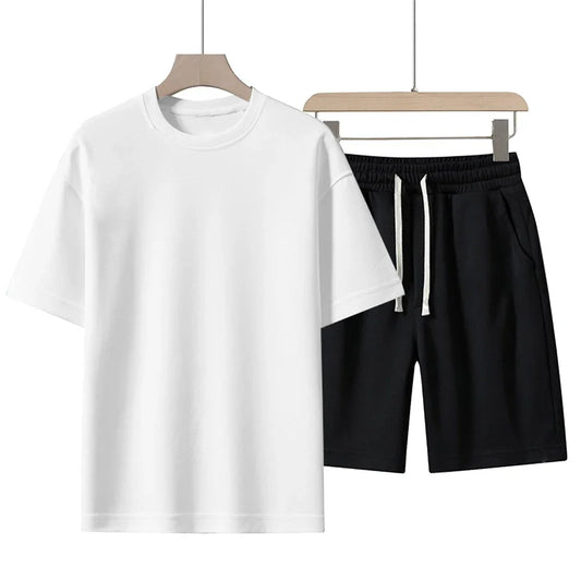 Summer Cotton T-Shirt & Shorts Set – Unisex Solid Colour Streetwear | Breathable O-Neck Tracksuit for Men & Women
