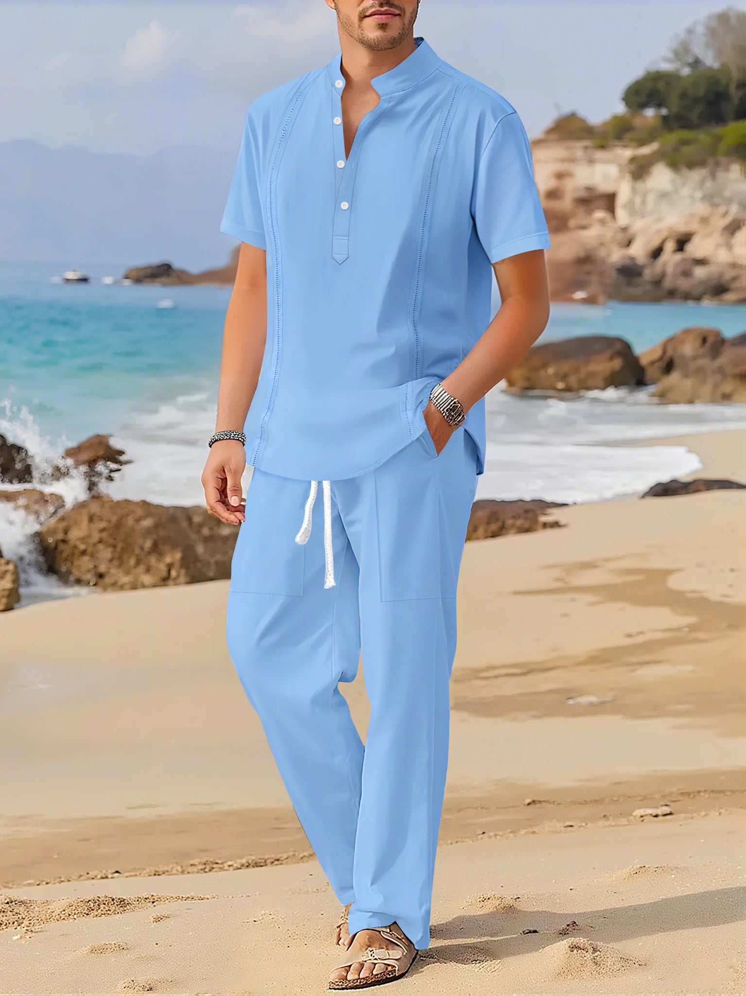 Men’s 100% Cotton Short-Sleeve Cuban Shirt & Shorts Set – Casual Two-Piece Summer Outfit with Pocket Design