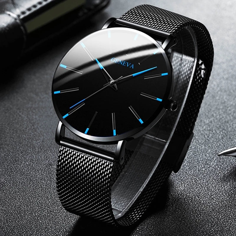 Men’s Minimalist Watch – Ultra-Thin Stainless Steel Mesh Strap Business Quartz Wristwatch