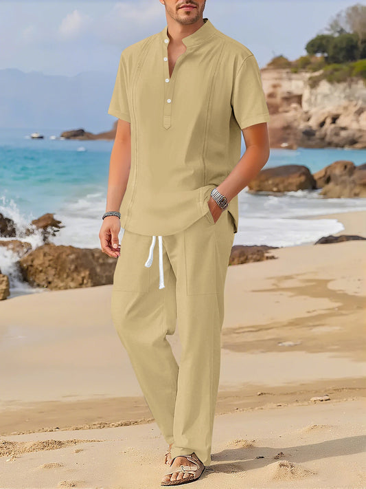 Men’s 100% Cotton Short-Sleeve Cuban Shirt & Shorts Set – Casual Two-Piece Summer Outfit with Pocket Design