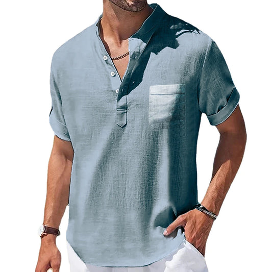 Men’s Casual Stand Collar Linen Shirt – Short Sleeve Summer Top with Pocket | Breathable, Loose & Trendy Design