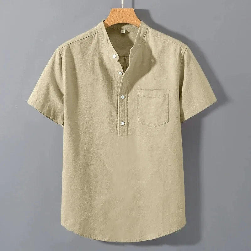 Men’s Short Sleeve Cotton Shirt – Stand Collar Summer Top | Breathable Loose Fit Solid Colour Pocket Tee