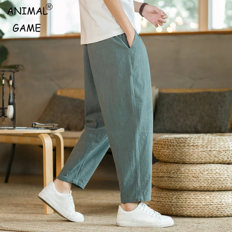Men’s Cotton Linen Trousers – Casual Solid Colour Drawstring Pants | Breathable Loose-Fit Streetwear Shorts
