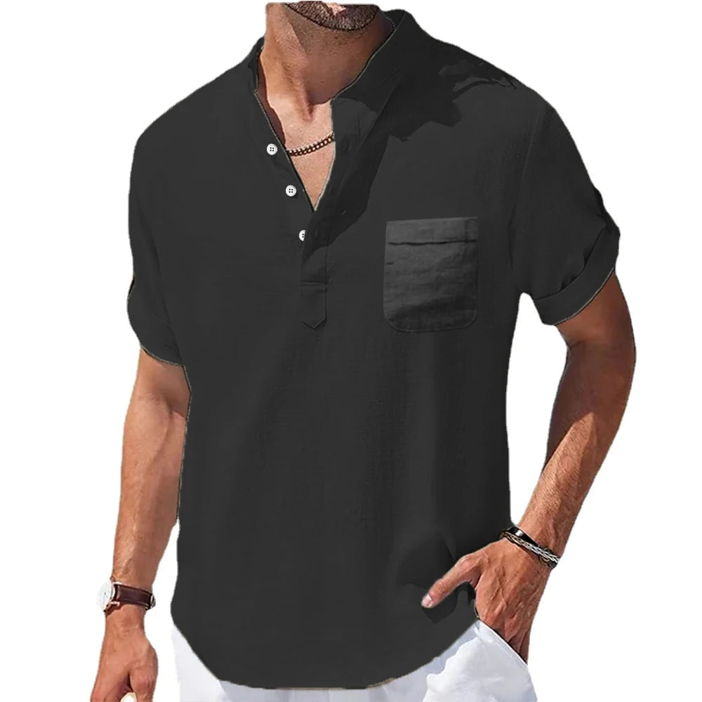 Men’s Casual Stand Collar Linen Shirt – Short Sleeve Summer Top with Pocket | Breathable, Loose & Trendy Design