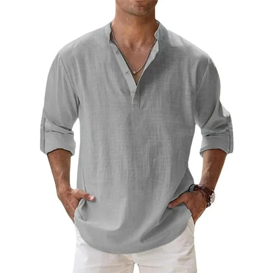 Men’s Cotton Linen Henley Shirt – Lightweight Long Sleeve Casual Top | Streetwear Beach Hawaiian Breathable Shirt