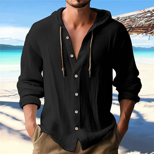 Men’s Summer Cotton Linen Hooded Shirt – Long Sleeve Casual Streetwear Top with Buttons | Breathable Loose Fit