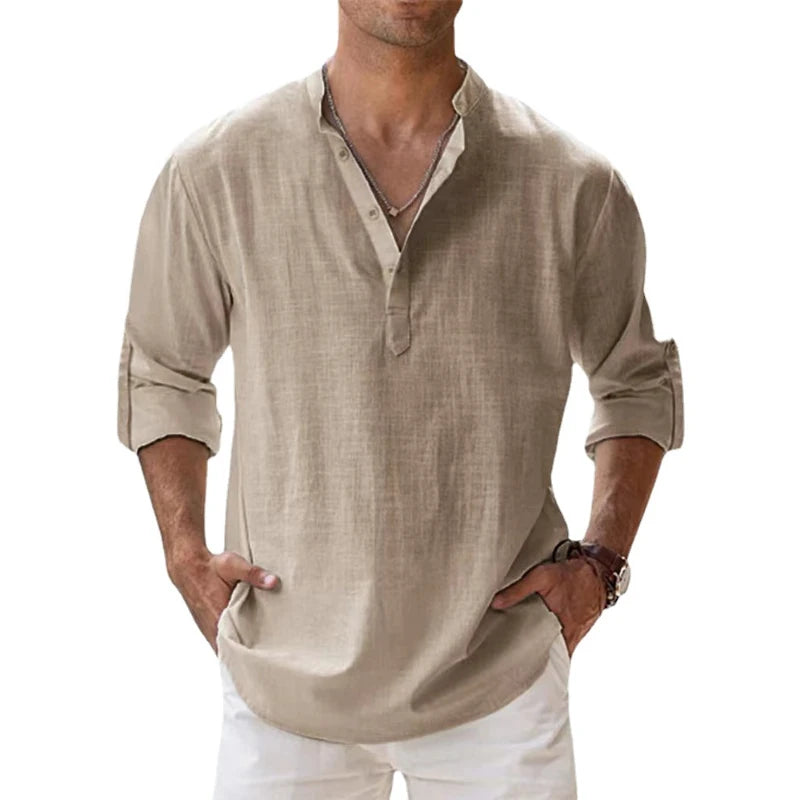 Men’s Cotton Linen Henley Shirt – Lightweight Long Sleeve Beach Top | Casual Hawaiian Style Summer Shirt