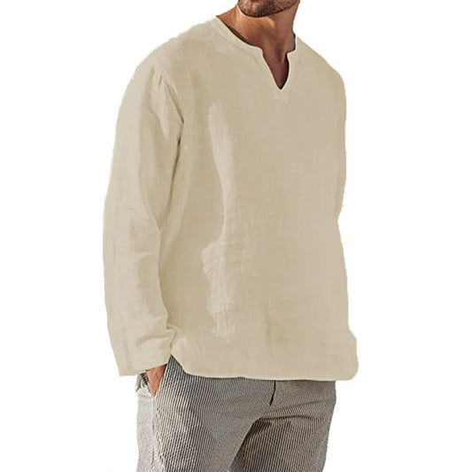 Men’s Cotton Linen Long Sleeve Shirt – Breathable V-Neck Casual Top | Solid Colour Lightweight Hawaiian Style Blouse