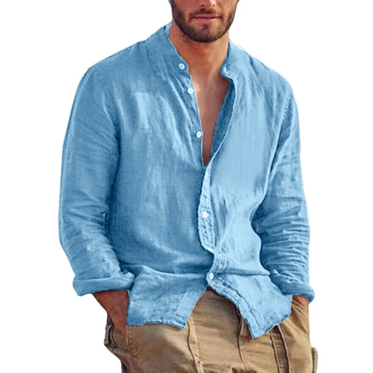 Men’s Linen Long Sleeve Shirt – Solid Colour Casual Top | Lightweight Breathable Stand Collar Hawaiian Style