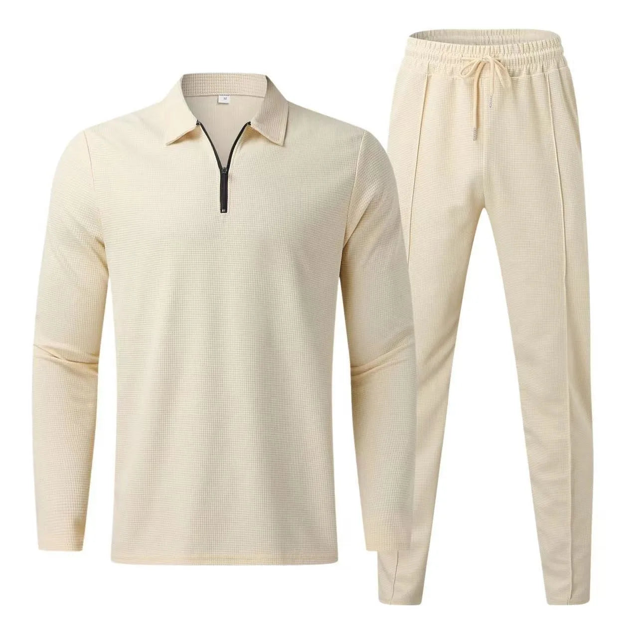 Men’s 2PCS Waffle Tracksuit Set – Long Sleeve Polo Shirt & Sweatpants | Casual Solid Lapel Collar Outfit