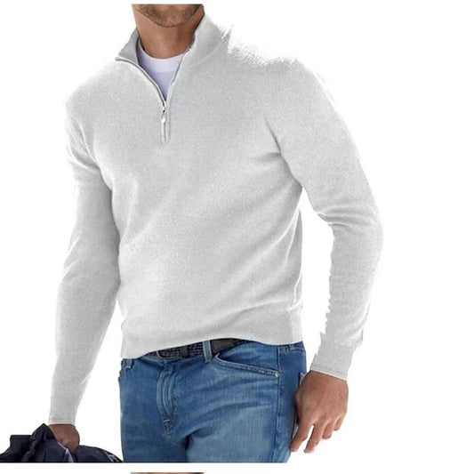 Men’s Autumn Half-Zip Sweater – Warm Solid Colour V-Neck Pullover, Casual Slim Long Sleeve Winter Top