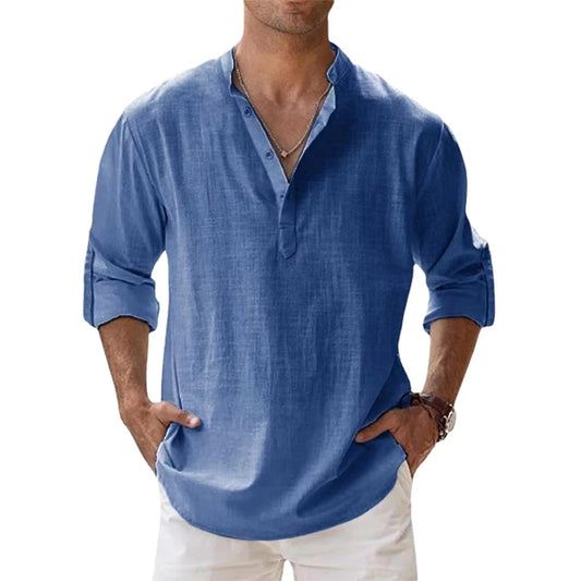 Men’s Cotton Linen Henley Shirt – Lightweight Long Sleeve Beach Top | Casual Hawaiian Style Summer Shirt