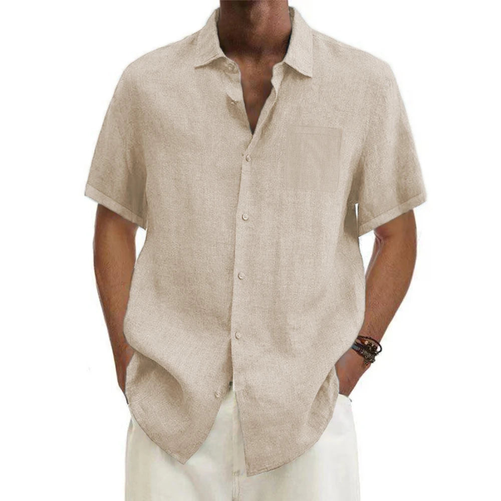Men’s Cotton Linen Short-Sleeve Shirt – Summer Solid Colour Casual Top | Turn-Down Collar Beach Style in Plus Sizes