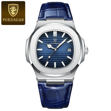 POEDAGAR Luxury Square Men’s Watch – Waterproof Luminous Quartz Wristwatch with Leather Strap & Gift Box
