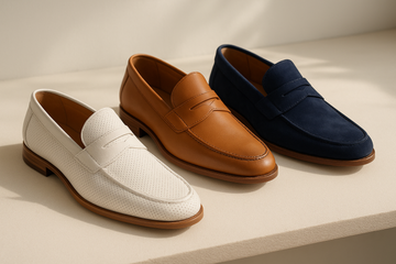make a collection of 3 pair of loafers distict colors summer men elegant style